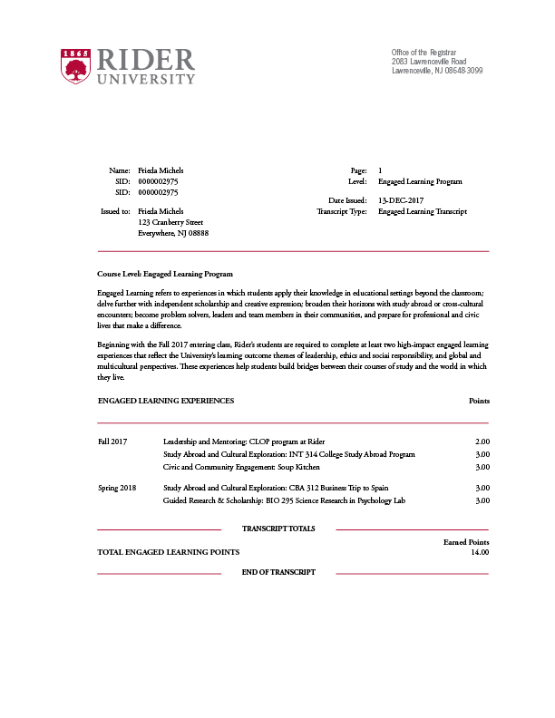 Engaged Learning Transcript Sample Document
