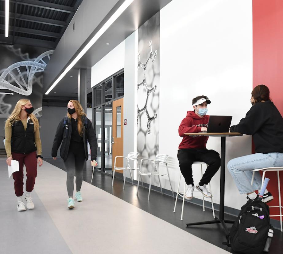 Students converse in the Science and Technology Center entryway